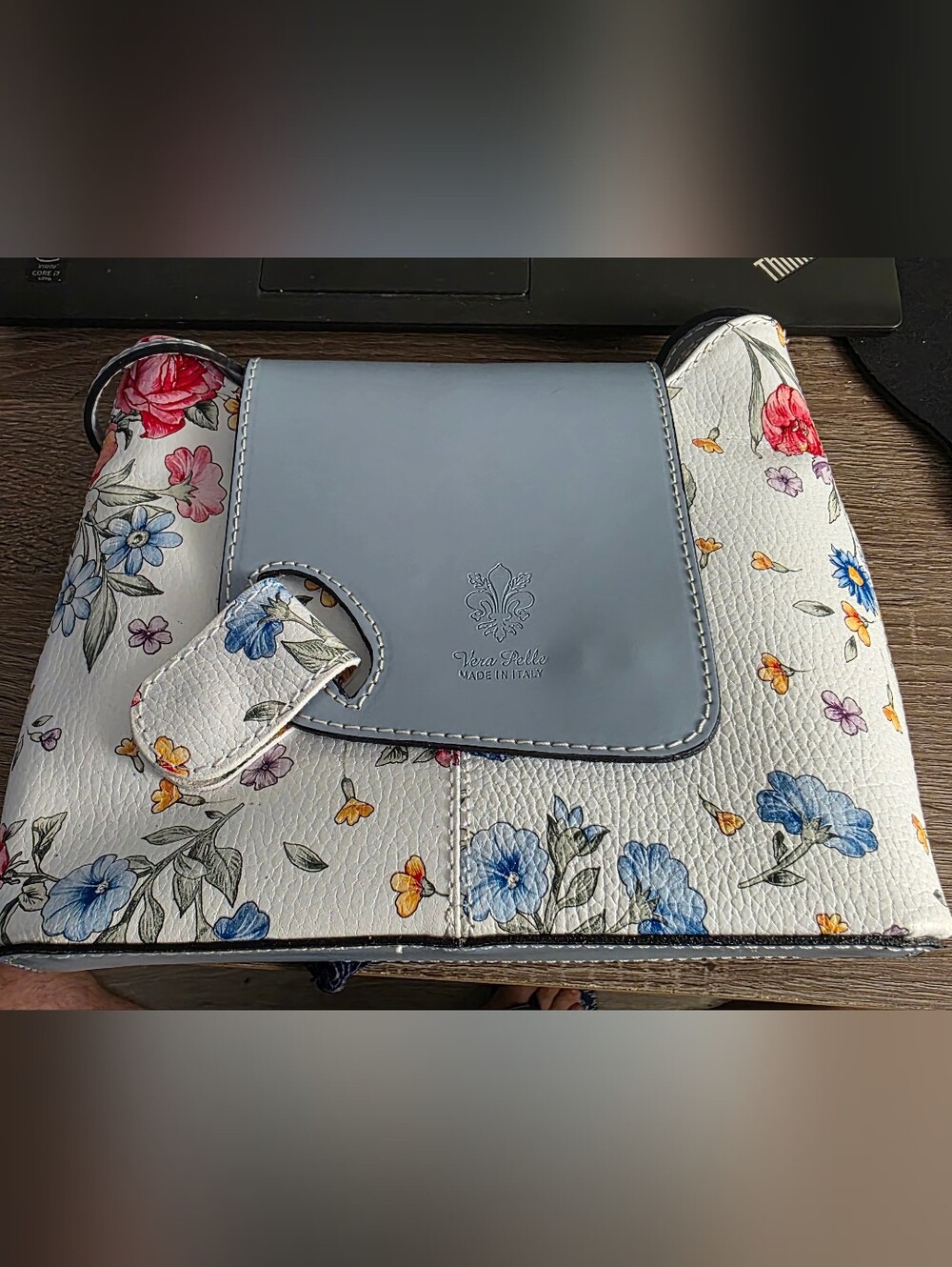 Vera Pelle Blue-Flap Floral Leather Shoulder Bag